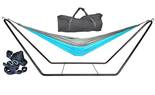 cutequeen Steel Stand with Hammock and Tree Straps Hold Up 450 LBS Space Saving (Cyan BlueGrey)