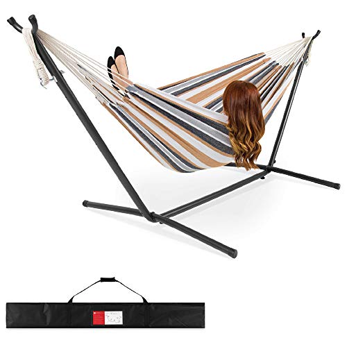 Best Choice Products 2Person Double Hammock with Stand Set Indoor Outdoor BrazilianStyle Cotton Bed for Backyard Camping Patio wCarrying Bag Steel Stand 450lb Weight Capacity  Desert Stripes