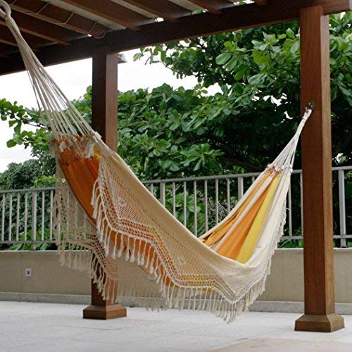 NOVICA Yellow Orange Striped Cotton Fabric 2 Person XL Brazilian Hammock with White Crochet Fringe Brazilian Beach (Double)