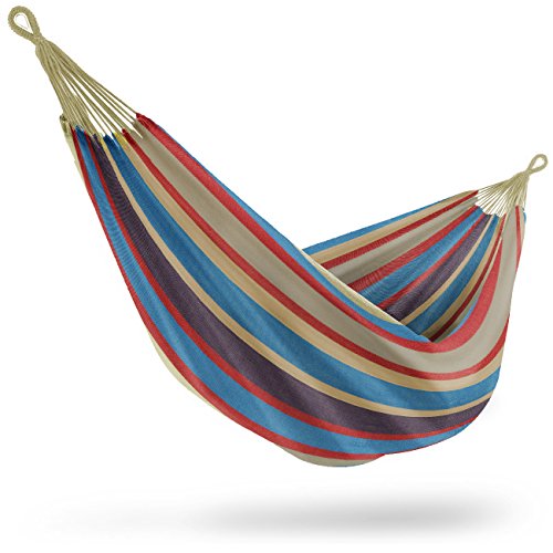 Sorbus Brazilian Double Hammock  ExtraLong Two Person Portable Hammock Bed for Indoor or Outdoor Spaces  Hanging Rope Carrying Pouch Included (BlueSandPurpleRed Stripes)