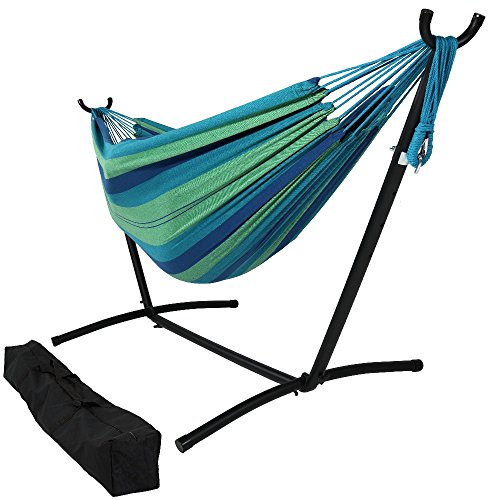 Sunnydaze Double Brazilian Hammock with Stand  Carrying Case  Large Two Person Hammock with Brazilian Stand  400 Pound Capacity  Beach Oasis