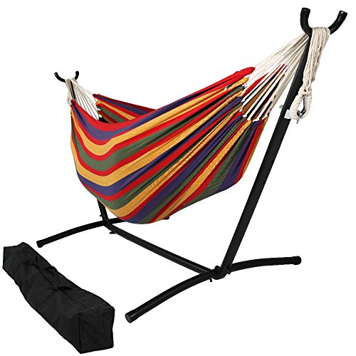 Sunnydaze Double Brazilian Hammock with Stand  Carrying Case  Large Two Person Hammock with Brazilian Stand  400 Pound Capacity  Tropical