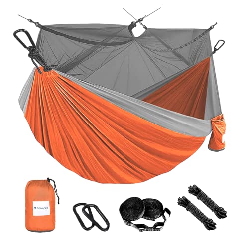 VOYAGGE Polyester Hammock Swing with Mosquito Net Double Brazilian Style Hammock 2Person Outdoor and Indoor Use (Gray and Orange)