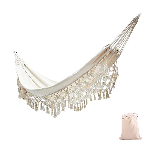 WOWCASE 2 Person Bohemian Large Brazilian Fringed Macrame Hammock with Tree Rope and Storage Bag Foldable Hammock Swing Net Chair Swing Bed for Patio Porch Bedroom Beach Wedding Party Decor (Beige)