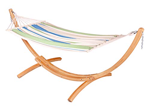 CHILLOUNGE Green Bay  Outdoor Spreader Bar Hammock with Stand Set Weatherproof Hammock and Certified Sustainable Wood Arc Stand