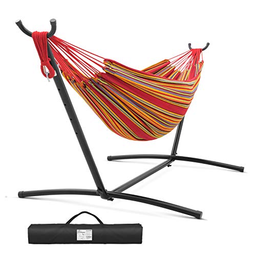 EAGLE PEAK Easy Setup Double Hammock with Stand 9 FT Space Saving Steel Stand Includes Portable Carrying Bag Red Stripes