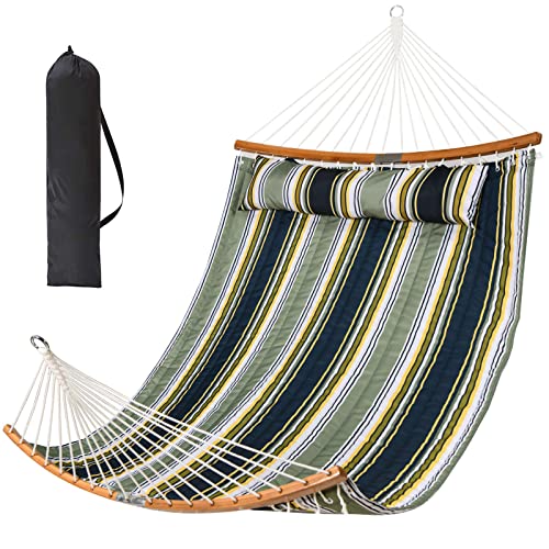 LOVE STORY 11FT Quilted Fabric Double Hammock CurvedBar Bamboo  Detachable Pillow，Outdoor  Indoor MultiPurpose for Camping Patio YardStriped Green  Blue