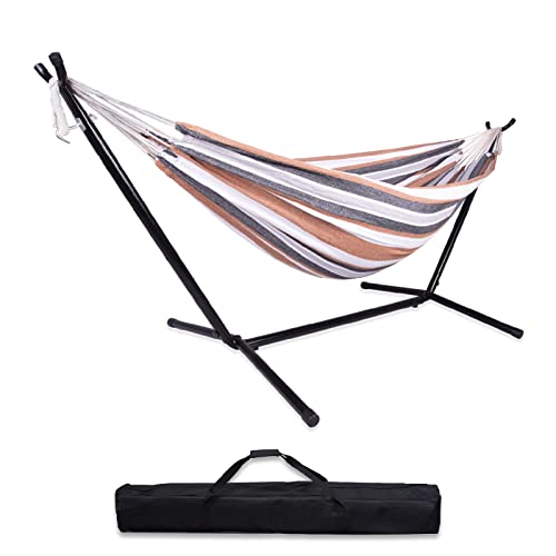 TDPN5 Double Hammock 2Person Cotton Hammock with Space Saving Steel Stand Includes Portable Carrying Case Used in Backyard Garden(450lbs Capacity)