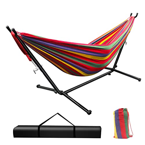 Xverycan Hammock with Stand Included Double Hammock with Space Saving Steel Stand and Portable Carrying Case for Indoor Outdoor Backyard Patio Garden Easy Set Up 660lb Capacity (RedYellow Stripe)
