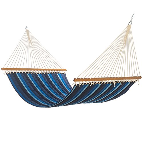 Hatteras Hammocks Large Gateway Indigo Sunbrella Quilted Hammock with Free Extension Chains  Tree Hooks Handcrafted in The USA Accommodates 2 People 450 LB Weight Capacity 13 ft x 55 in