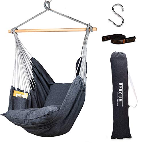 Bengum Hammock Chair Hanging Swing  Indoor and Outdoor Use  Large Swinging Seat Chair for Patio Bedroom or Tree  2Tone Grey Durable Hammock  2 Cushions  Side Pocket  Rope  Carrying Bag  S