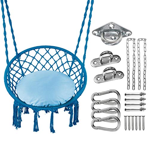 GREENSTELL Hammock ChairMax 350 Lbs Macrame Swing with Cushion and Hanging Hardware KitsHanging Cotton Rope Swing Chair Comfortable Hanging Chairs for Indoor Outdoor Home Patio Yard (Blue)