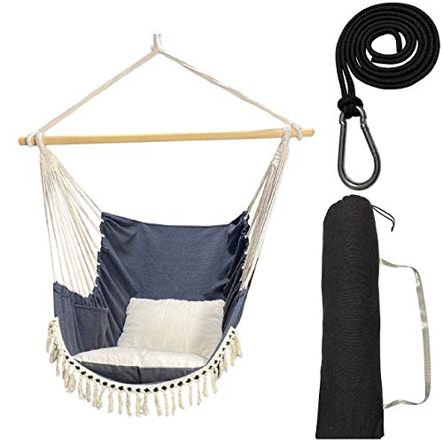 Hammock Chair Indoor and Outdoor Patio Bedroom Swinging Seat ChairHammock Including PocketLarge laceCushion Rope Hook and Carry Bag390 LbsProvide You with Good Comfort and Safety