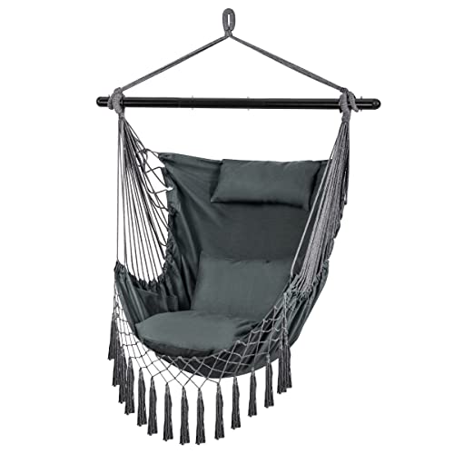 Hammock Chair Swing Hanging Rope Swing with 3 Cushions Pillow and Side Pocket Max 400 lbs Large Macrame Hanging Chair for Indoor Outdoor BedroomGarden Patio Porch Yard