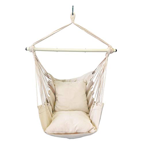 Highwild Hammock Chair Hanging Rope Swing  Max 500 Lbs  2 Cushions Included  Steel Spreader Bar with AntiSlip Rings  for Any Indoor or Outdoor Spaces (Beige)