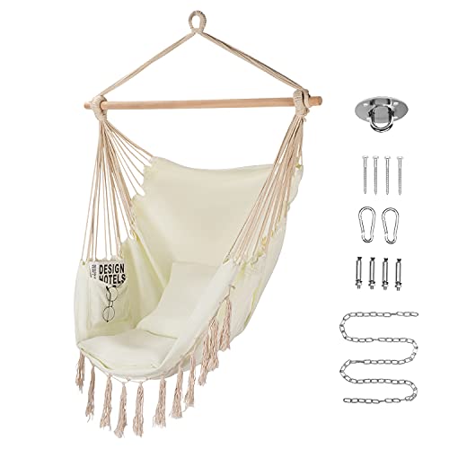 Homchwell Hammock Chair Hanging Rope Swing with Hanging Hardware KitInclude Carry Bag  Two Seat Cushions for Patio Bedroom or TreeMax Weight 330 Lbs (Beige)
