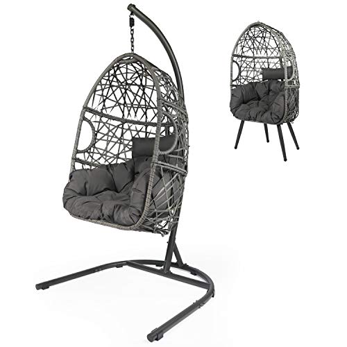 LAZZO Swing Egg Chair Hanging Chair with Ctype Hammock Chair Stand Set Indoor  Outdoor Rattan Hammock Chair with Seat Cushion  Pillow for Patio Porch Lounge Bedroom (Grey egg chair with Cstand)