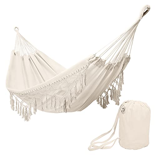 ONCLOUD Boho Large Brazilian Fringed Macramé Double Deluxe Hammock Swing Bed with Carry Bag for Patio Porch Bedroom Yard Beach Indoor Outdoor  Wedding Party Decor Beige