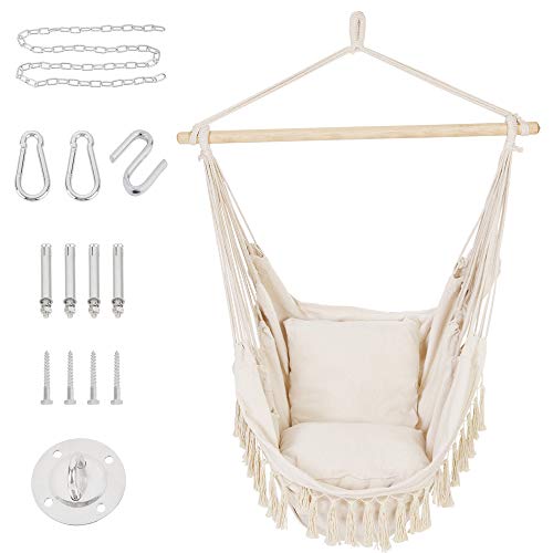 Patio Watcher Oversized Hammock Chair Hanging Rope Swing Seat with 2 Cushions and Hardware Kits Perfect for Indoor Outdoor Home Bedroom Patio Yard，Deck Garden Max 330 Lbs Beige