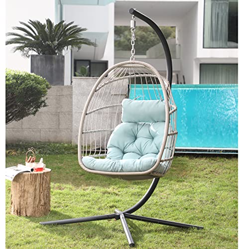 Patiorama Indoor Outdoor Egg Swing Chair with Stand Patio Beige Wicker Rattan Hanging Chair with Rope Back Cushion All Weather Foldable Hammock Chair for Bedroom Garden (Tiffany Blue)