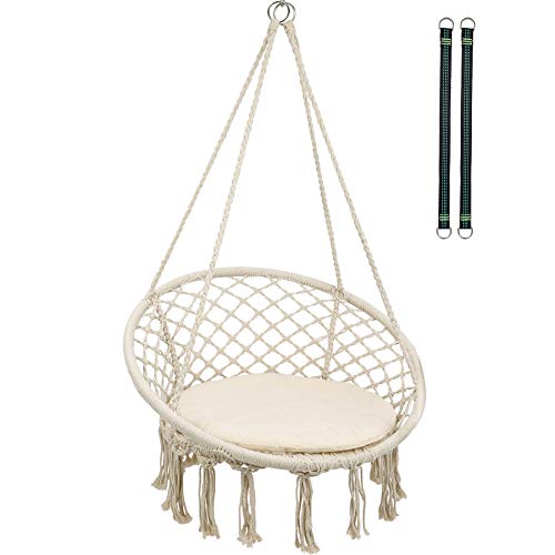 RedSwing Hammock Chair Macrame Swing with Cushion and Hardware Kits Cotton Rope Hanging Hammock Chair for Adults Indoor and Outdoor Use