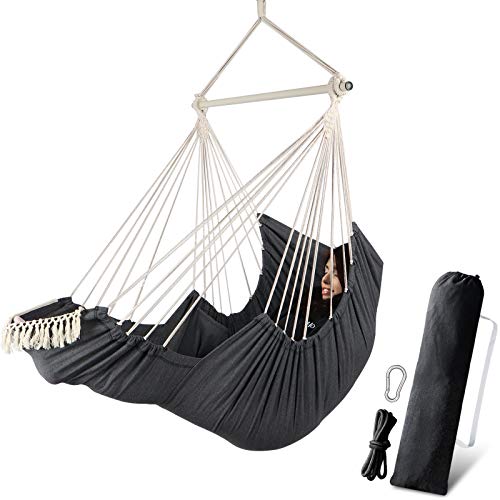 Chihee Hammock Chair Hanging Swing 2 Seat Pillows IncludedDurable Spreader Bar Soft Cotton Weave Hanging Chair Side Pocket Large Tassel Chair Set Foot Rest Support Calf Foot Extra Comfortable