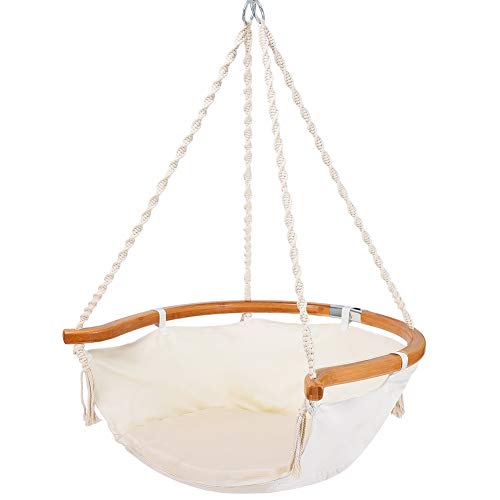 Hammock Chair Macrame Swing Foldable Bamboo Comfort Back Support Max 330 Lbs Hanging Cotton Rope Hammock Swing Chair for Indoor Outdoor Use