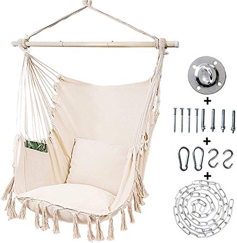 Kanchimi Hanging ChairMax 330 LbsLarge Hammock Chair with Detachable Metal Support Bar Side PocketHanging Rope Swing for Patio Bedroom or Tree 2 Removable Seat Cushions Included（White）
