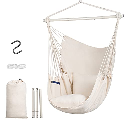 Mansion Home Hammock Chair with Steel Support Bar Hanging Chair with Two Seat Cushion Swing Chair with Side Pocket White