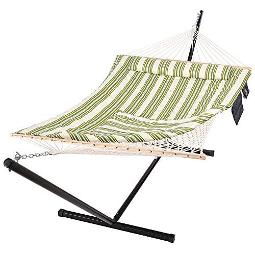 SUNCREAT Cotton Rope Hammock for Two People with Hardwood Spreader Bars Quilted Fabric Pad  Detachable Pillow Extra Large Hammock with 12 FT Steel Stand Ipad Bag  Cup Holder GreenBeige