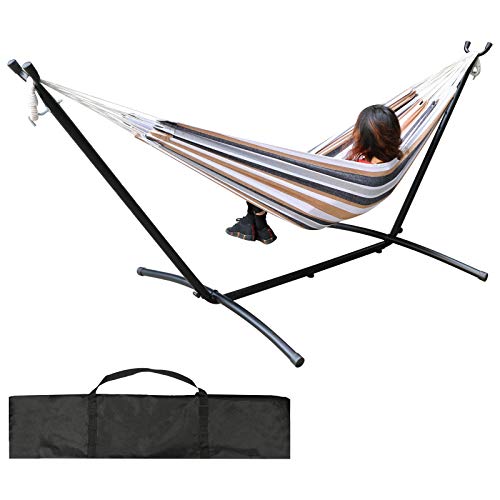 Double Hammock with Space Saving Steel Stand (450 lb Capacity  Premium Carry Bag Included)  for para Patio Indoor and Outdoor (CoffeeBlue Stripes)