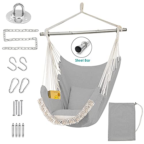 Hammock Chair Hanging Swing Detachable Steel Support Bar 500lbs Capacity Cotton Weave Hanging Swing Chair 2 Soft Cushions Included Perfect for Indoor and Outdoor Convenient and Durable