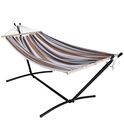OUTDOOR WIND 550lbs Capacity Double Hammock Adjustable Hammock Bed with Heavy Duty Steel Stand and Spreader Bars Includes Portable Carrying Case Easy Set up