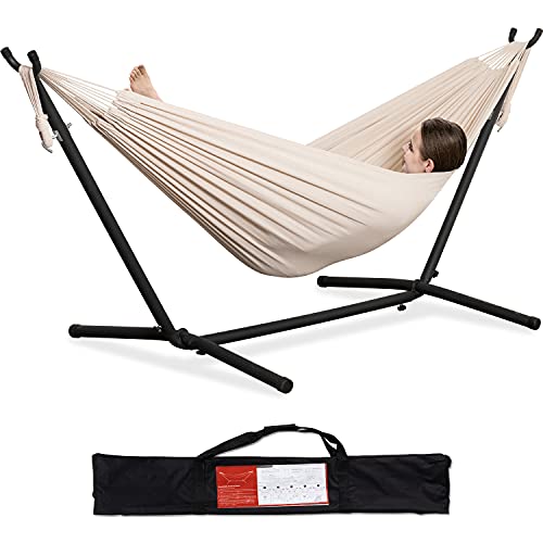 PNAEUT Double Hammock with Space Saving Steel Stand 2 Person Heavy Duty Garden Yard Outdoor 450lb Capacity Hammocks (Beige)