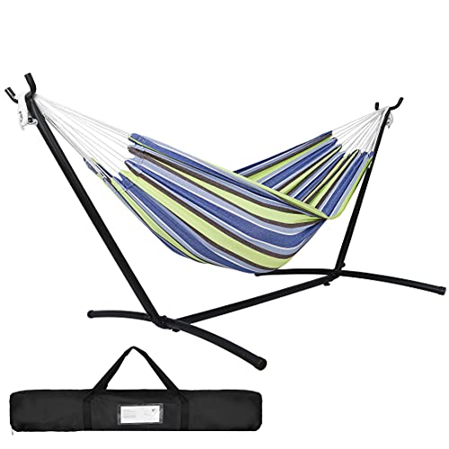 SUPER DEAL Portable 2Person Brazilian Hammock with 9FT Steel Stand  Weather Resistant Double Hammock and Stand with Carrying Case 620LBS Capacity 6 Optional Hook Positions (BlueGreen Stripe)