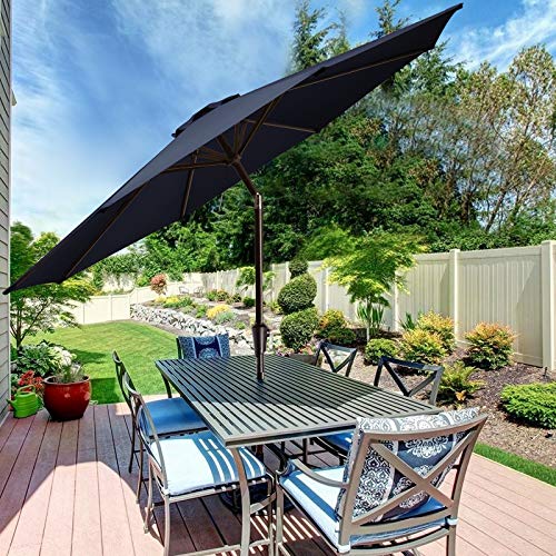 Bumblr 9ft Patio Umbrella Outdoor Market Table Umbrella with Push Button TiltCrank  8 Sturdy Ribs Sun Umbrella for Garden Lawn Deck Backyard Pool Navy