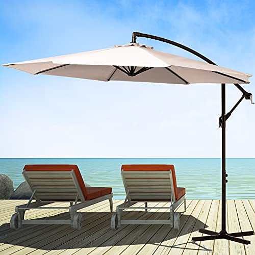 KITADIN 10FT Cantilever Patio Umbrella Outdoor Sunproof Offset Umbrella Best Choice Hanging Patio Umbrella with Crank Lift  Crossbar Base for Lawn Pool Yard Garden Beige