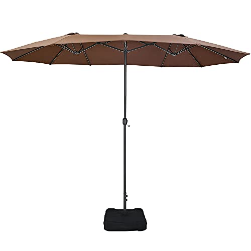 Patio Watcher 15 Ft Patio Double Sided Umbrella with Base Extra Large Twin Outdoor Market Patio Table Umbrella with Crank and Base Coffee