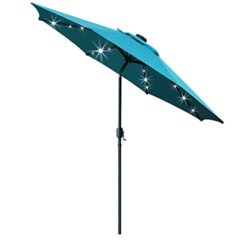 Sunnyglade 9 Solar 24 LED Lighted Patio Umbrella with 8 RibsTilt Adjustment and Crank Lift System (Teal Blue)