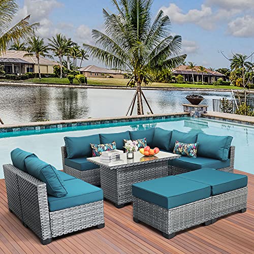 10Piece Outdoor PE Wicker Sofa AllWeather Sectional Couch Conversation Sets Silver Gray Rattan Furniture Set with Washable Peacock Blue Cushions