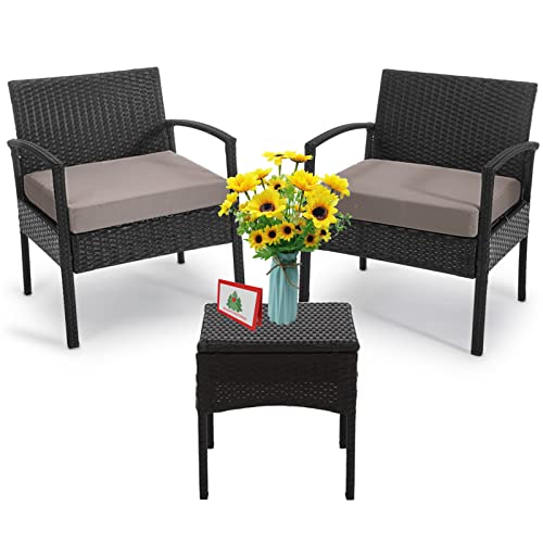 3 Piece Patio Set Balcony Furniture Outdoor Wicker Chair Patio Chairs for Patio Porch Backyard Balcony Poolside and Garden with Coffe Table and Cushions Brown