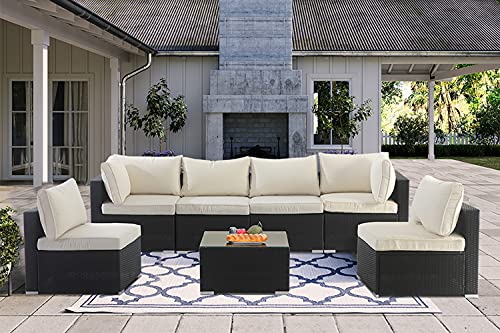 7 Pieces Patio Furniture SetsLuxury Outdoor All Weather PE Rattan Wicker Lawn Conversation SetsGarden Sofa Set with Coffee Table and Couch Cushions for Patio Backyard Pool (Beige7PCS)