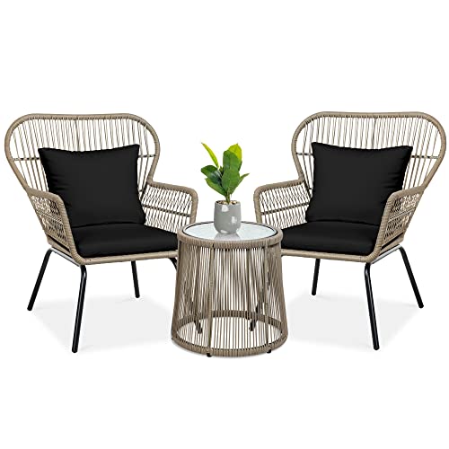 Best Choice Products 3Piece Patio Conversation Bistro Set Outdoor AllWeather Wicker Furniture for Porch Backyard w 2 Wide Ergonomic Chairs Cushions Glass Top Side Table  NaturalBlack