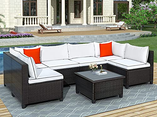 GAOPAN 7 Piece Outdoor Garden Modular Wicker Furniture Set Sectional Rattan Sofa Patio Lounge  Deep Seating Conversation Furnishings with CushionsAccent Pillows  Coffee TableWhiteBlack