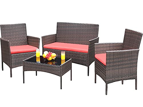 Greesum 4 Pieces Patio Outdoor Rattan Furniture Sets Wicker Chair Conversation Sets Garden Backyard Balcony Porch Poolside Furniture Sets with Soft Cushion and Glass Table Brown and Red