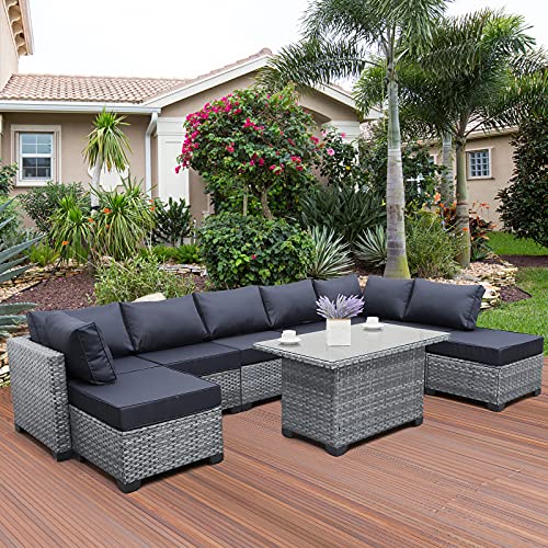 Outdoor Patio Silver Gray Rattan 9 Piece Sectional Furniture Set PE Wicker Conversation Sofa with Navy Blue Cushion
