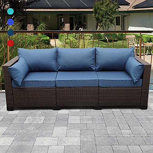 Rattaner 3Seat Patio Wicker Sofa Outdoor Rattan Couch Furniture Steel Frame with Furniture Cover and Deep Seat High Back Blue AntiSlip Cushion