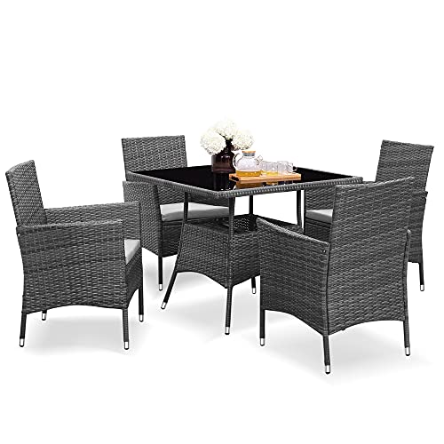 Solaste 5 Piece Patio Dining Furniture Set Outdoor Wicker Patio Table and Chairs SetSquare Tempered Glass Table Top with Umbrella Hole for Backyard
