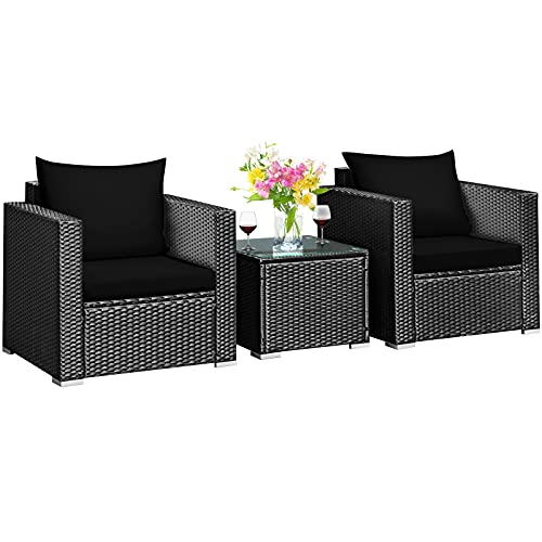 Tangkula 3 Pieces Patio Furniture Set PE Rattan Wicker Sofa Set wWashable Cushion and Tempered Glass Tabletop Outdoor Conversation Furniture for Garden Poolside (Black)
