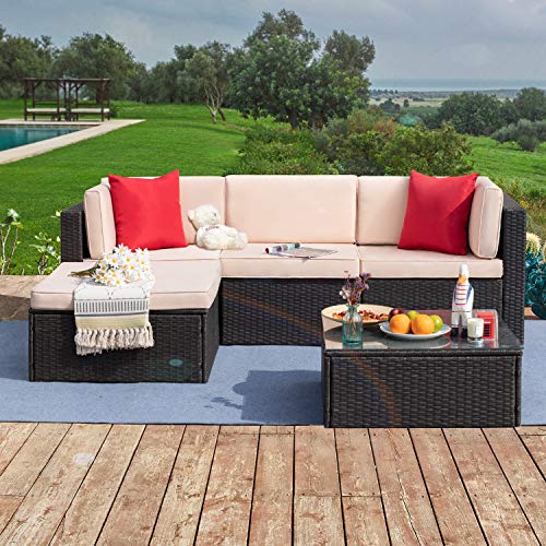 Tuoze 5 Pieces Patio Furniture Sectional Outdoor PE Rattan Wicker Lawn Conversation Cushioned Garden Sofa Set with Glass Coffee Table (Beige)